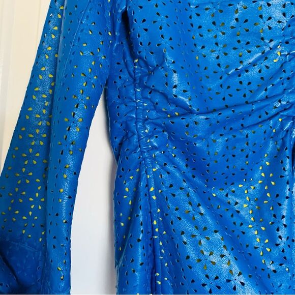 dianaira Royal Blue Perforated Floral Pattern Lambskin Leather Blazer Jacket - Picture 9 of 9